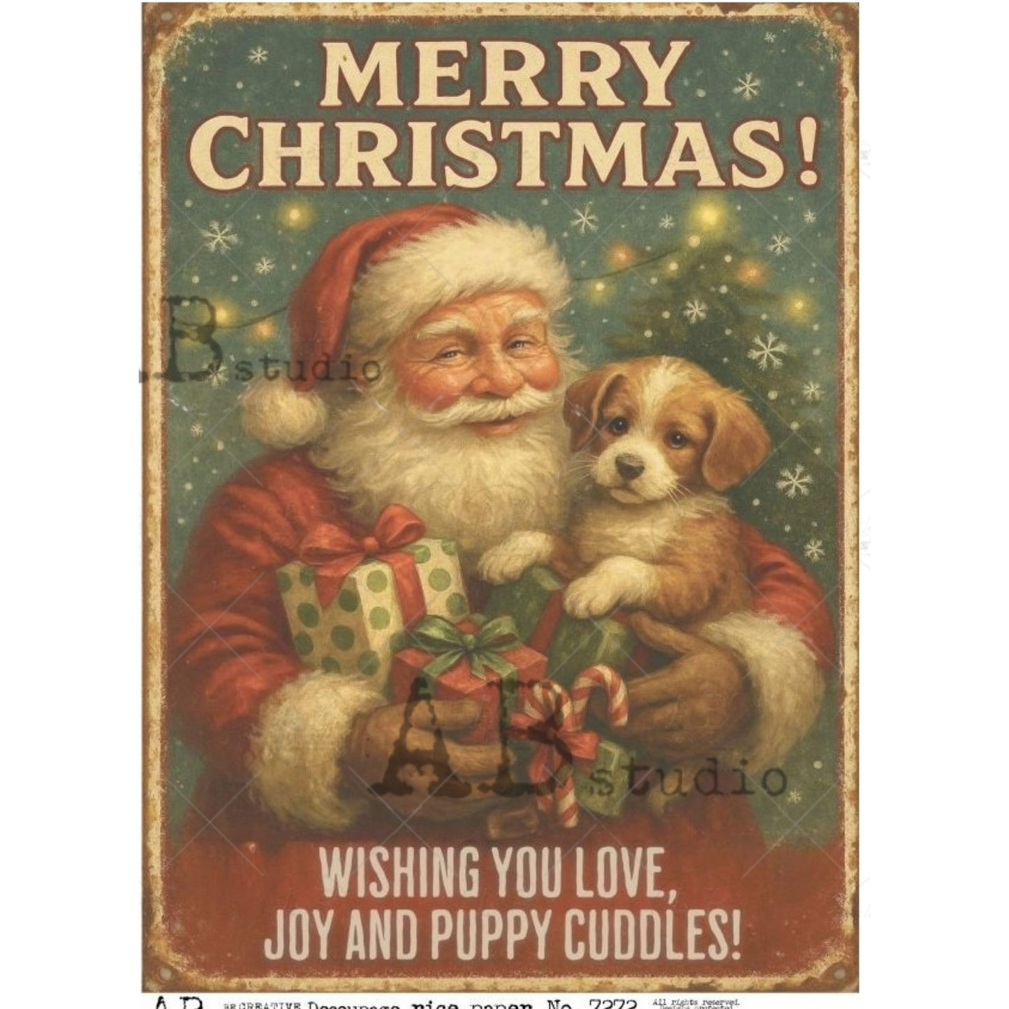A vintage-style Christmas sign featuring Santa Claus holding a small puppy, with the text 'MERRY CHRISTMAS!' at the top and 'WISHING YOU LOVE, JOY AND PUPPY CUDDLES!' at the bottom. The sign has a distressed, weathered look with a brown border and a dark green background with stars and lights.