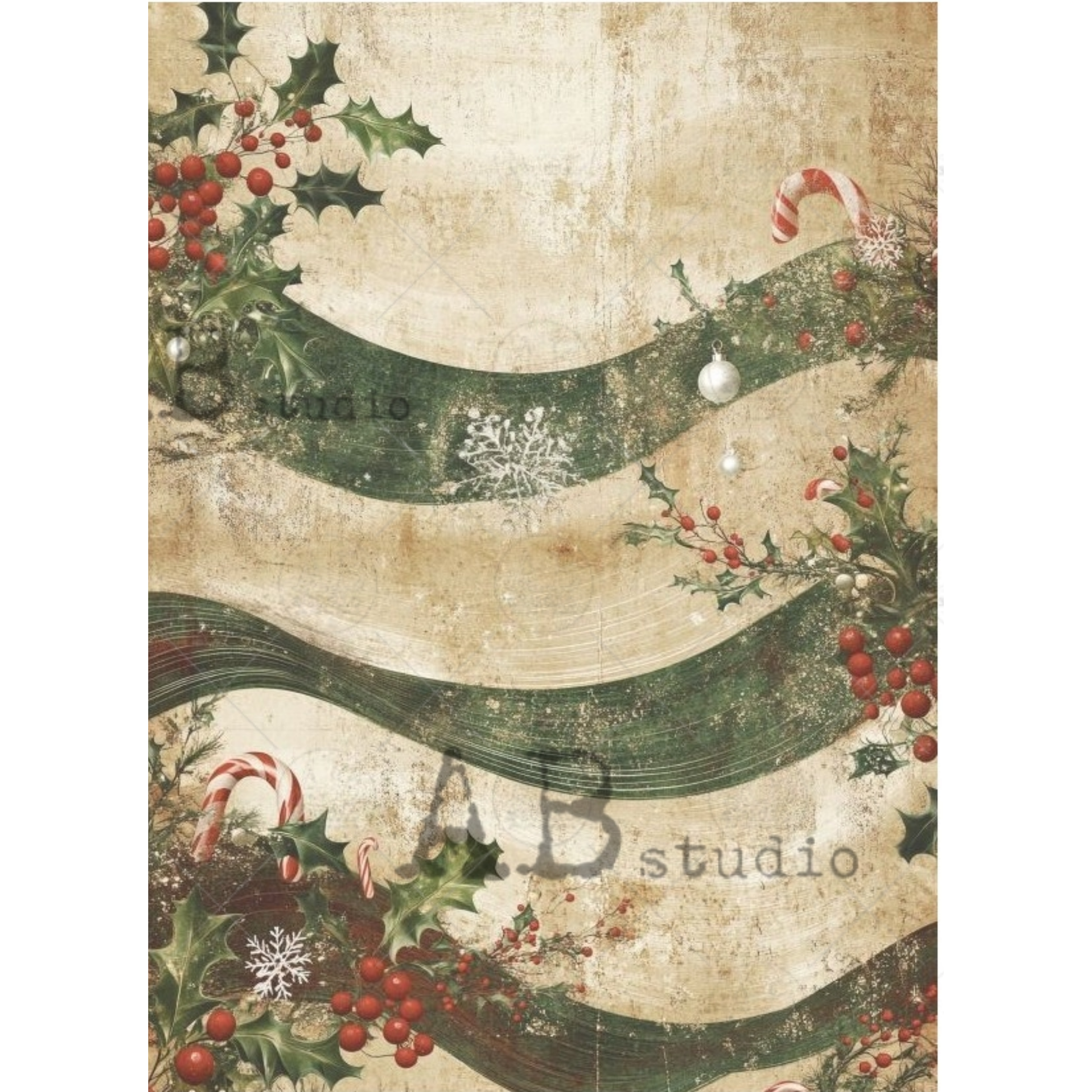 A vintage-style Christmas graphic print featuring dark green wavy ribbons, holly leaves, red berries, candy canes, and snowflakes on a distressed beige background.