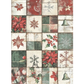 Christmas-themed pattern with squares featuring poinsettias, snowflakes, and holly on a wooden background.