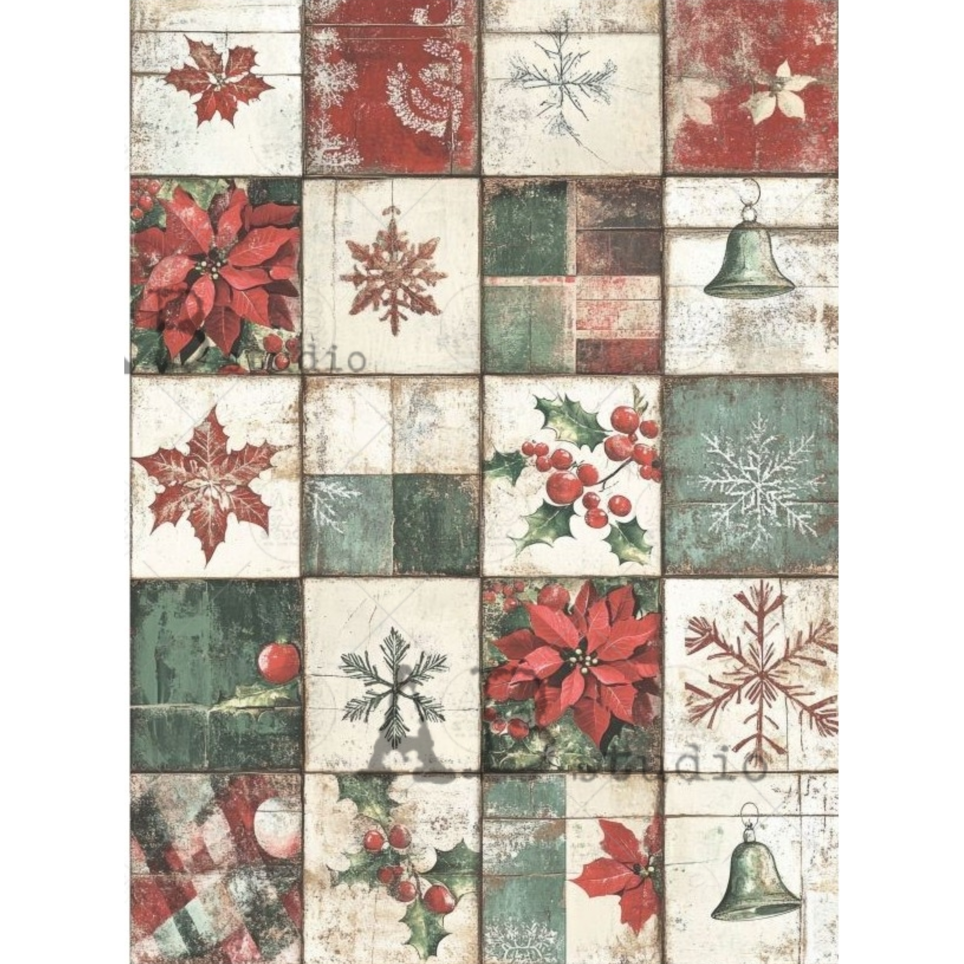 Christmas-themed pattern with squares featuring poinsettias, snowflakes, and holly on a wooden background.