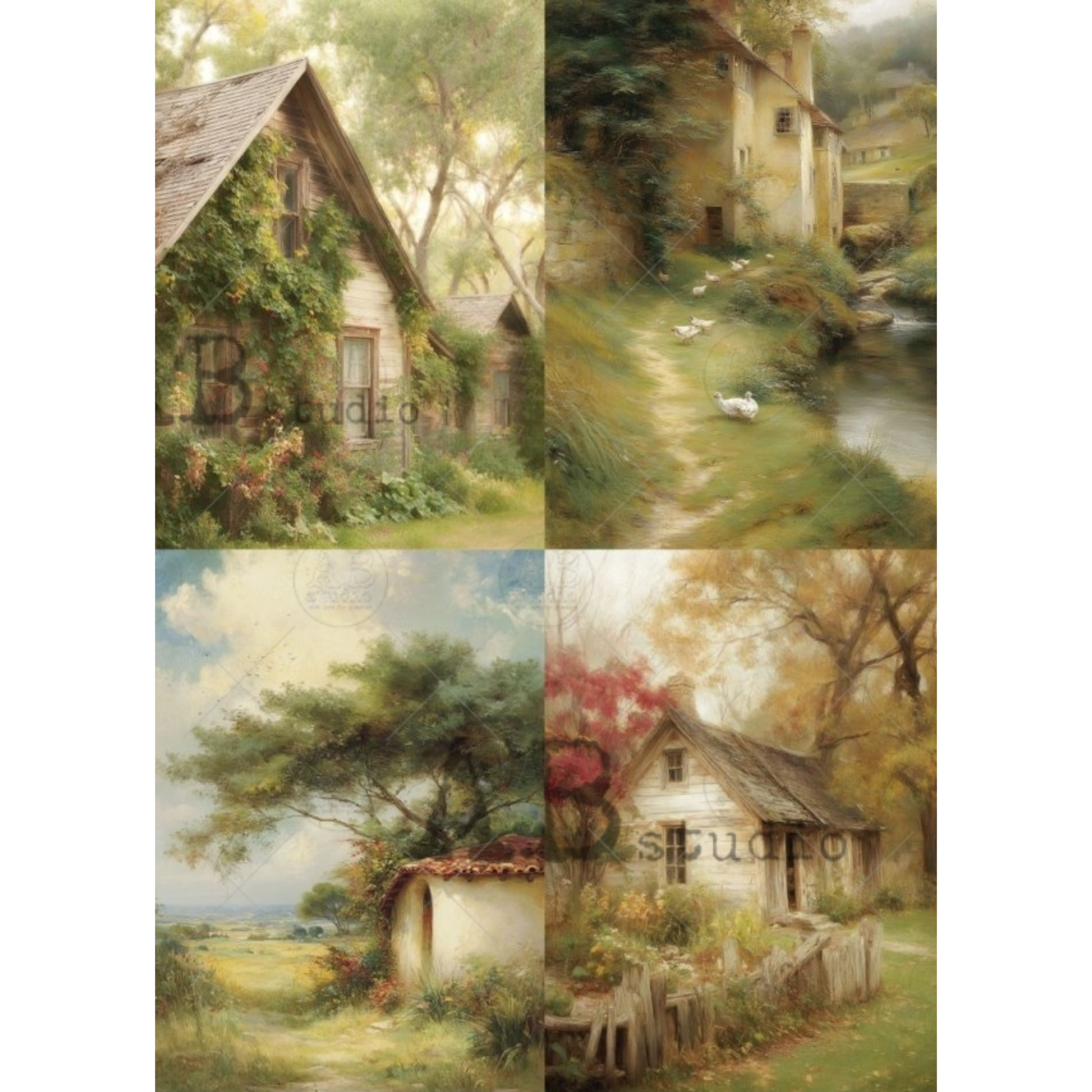Collage of four scenic paintings featuring rustic houses and nature.