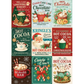 Vntage-style hot chocolate and candy cane themed labels or signs, each with its own illustrated bakery or drink scene, text such as Mrs. Claus Gingerbread Bakery, Candy Cane Lane Hot Chocolate Bar, and Kringle's Festive Favorite Hot Chocolate.