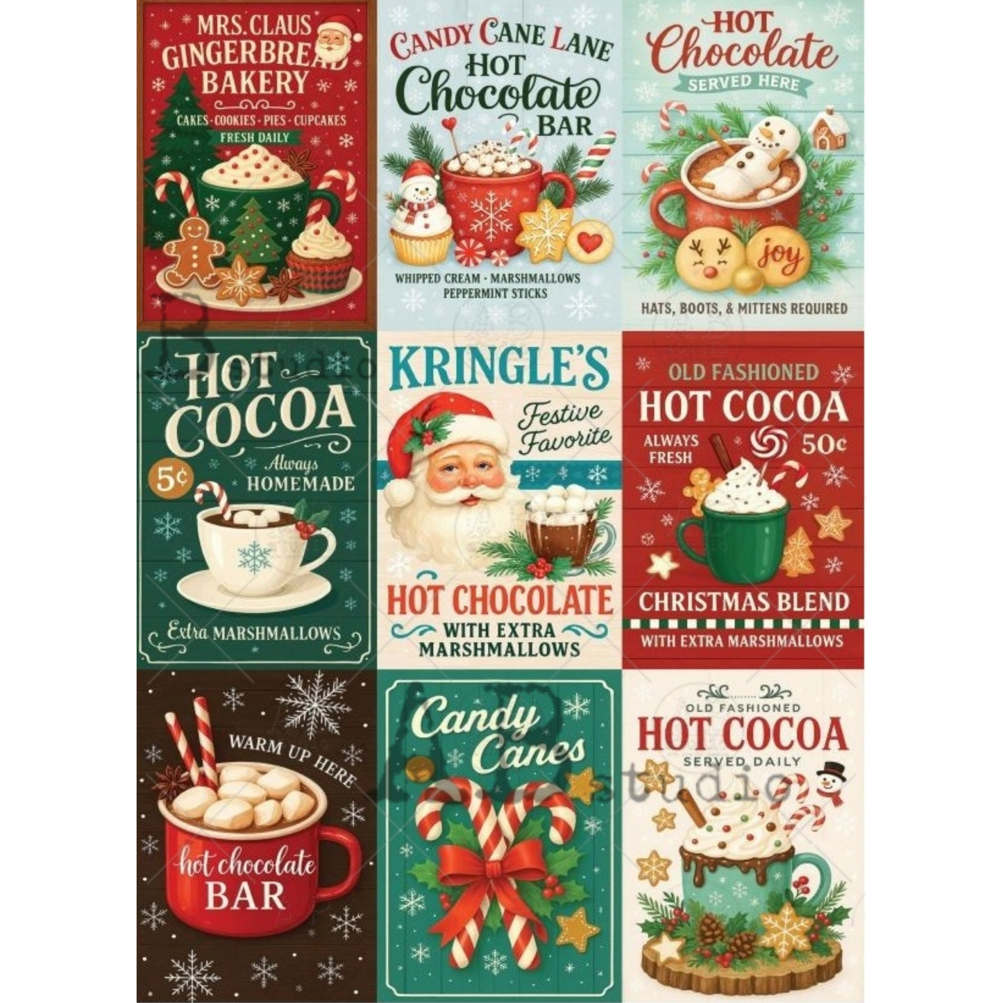 Vntage-style hot chocolate and candy cane themed labels or signs, each with its own illustrated bakery or drink scene, text such as Mrs. Claus Gingerbread Bakery, Candy Cane Lane Hot Chocolate Bar, and Kringle's Festive Favorite Hot Chocolate.