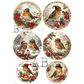 Set of six circular decorative ornament rounds featuring robins wearing winter hats.