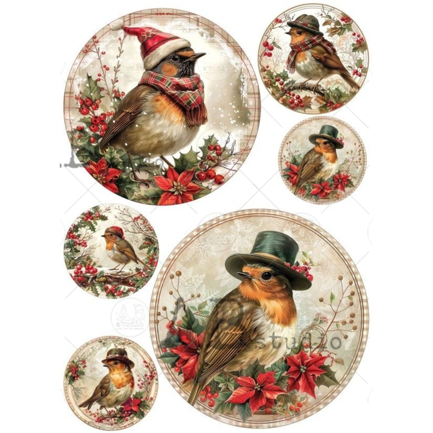 Set of Christmas-themed ornament rounds with birds wearing hats and surrounded by holly and berries.