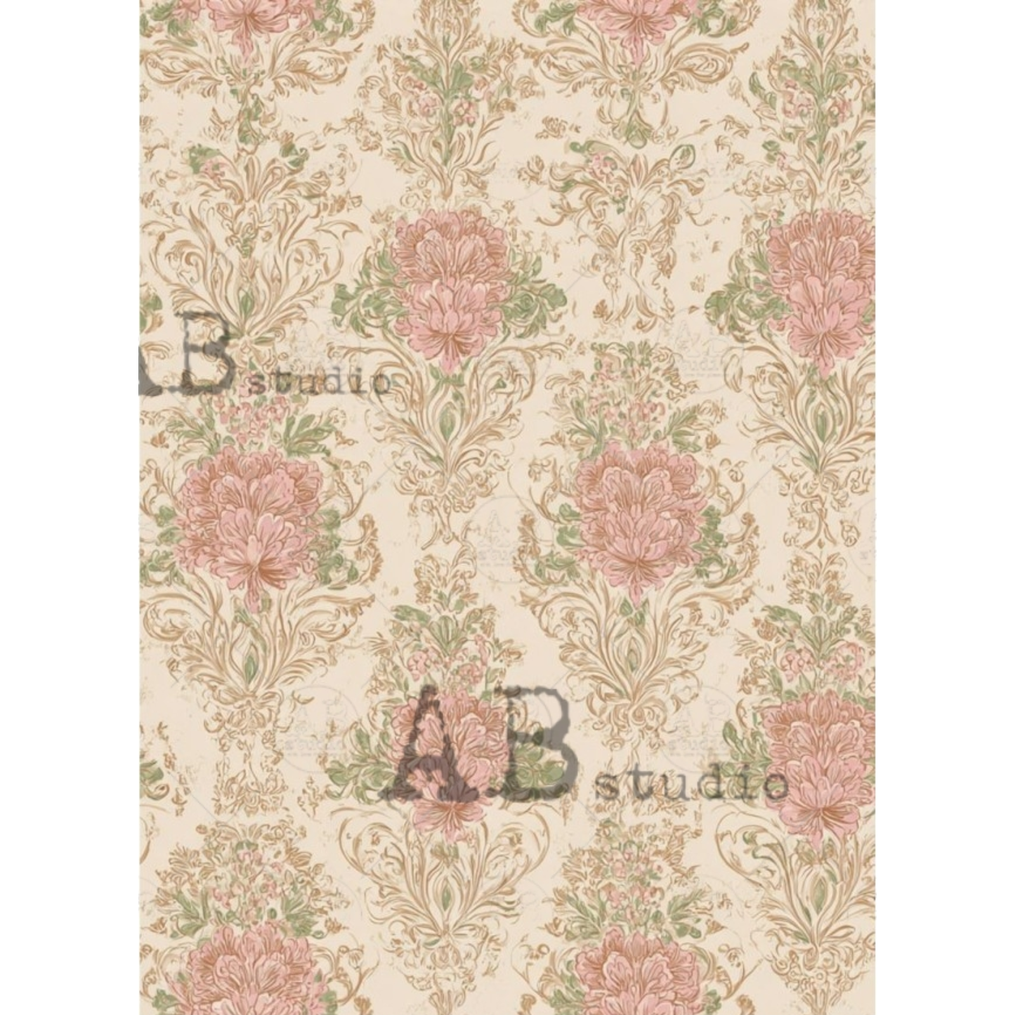 Decorative paper with floral damask pattern in pink,  and ivory with green leaves.