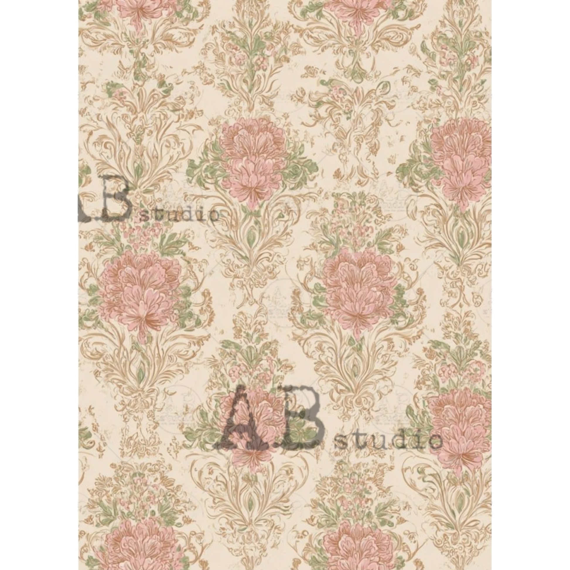 Decorative paper with floral damask pattern in pink,  and ivory with green leaves.