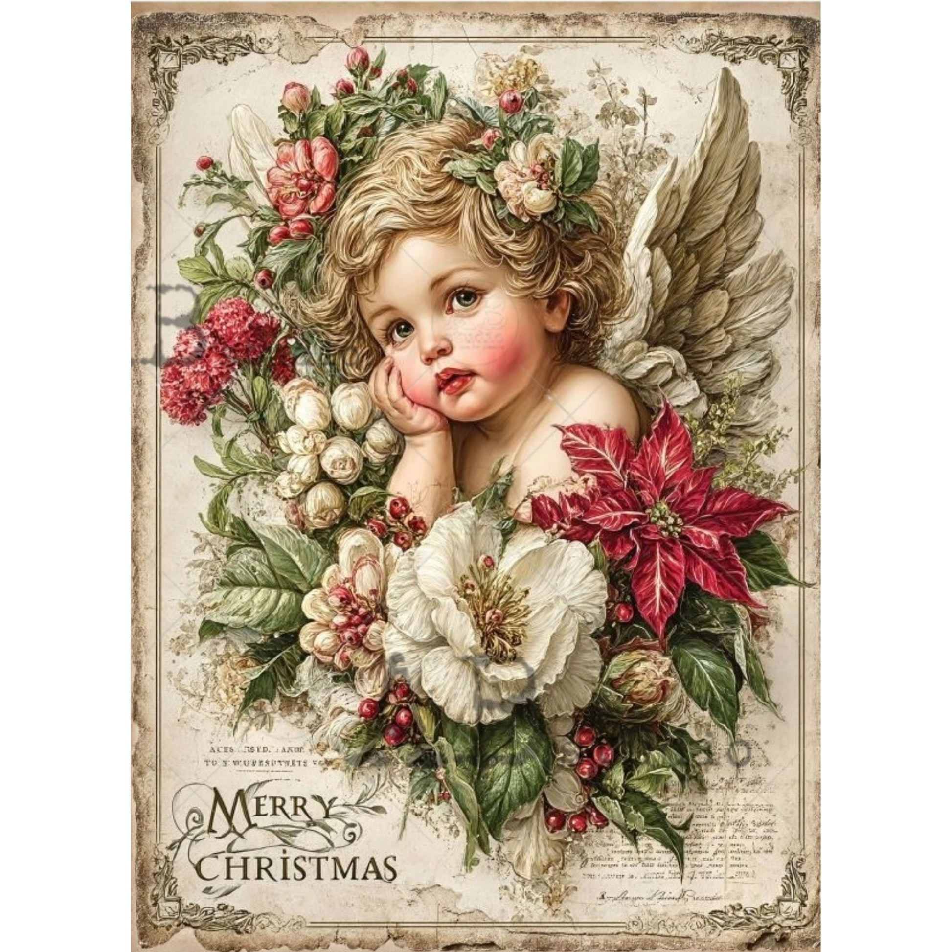 Vintage-style image of a baby/angel surrounded by flowers and the text 'Merry Christmas'.