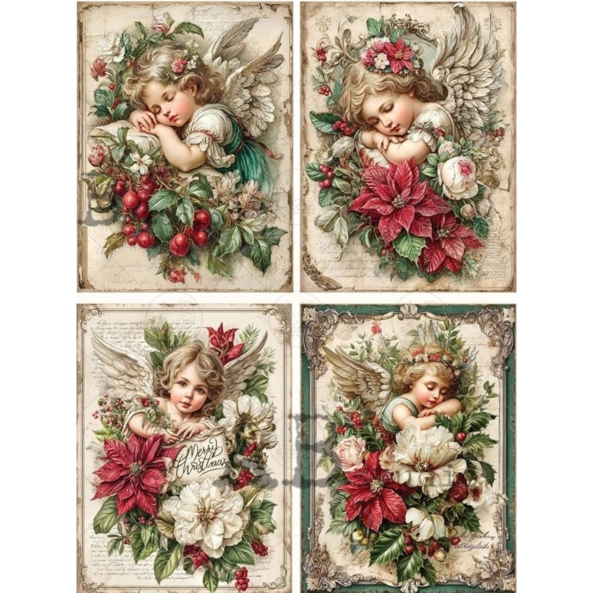 Four decorative panels featuring cherubs with flowers and berries on a textured background.
