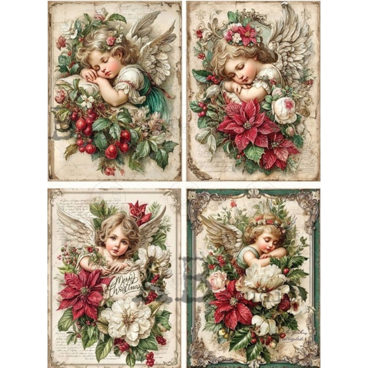 Four decorative panels featuring cherubs with flowers and berries on a textured background.