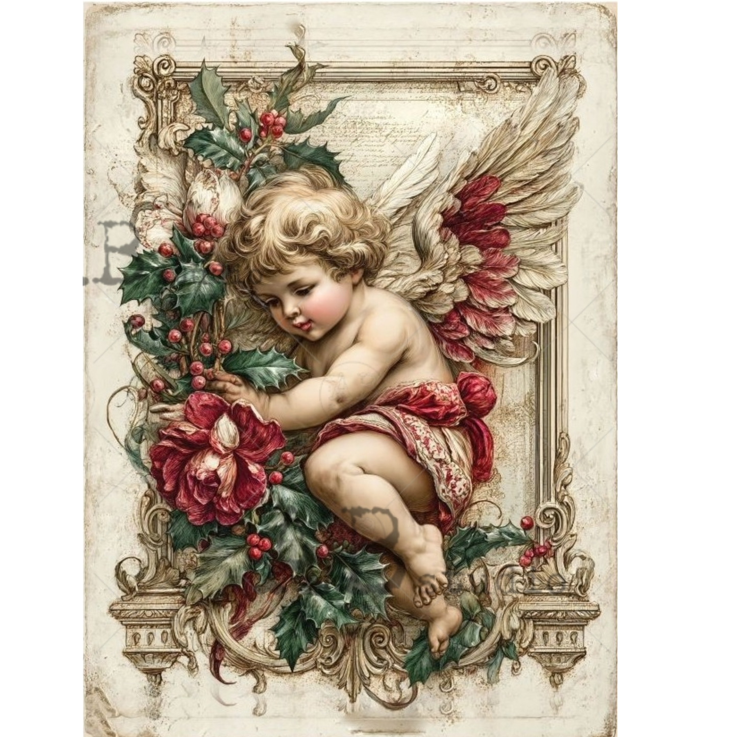 Decorative angel with christmas floral elements on a textured background