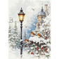 Winter scene with birds on a branch, street lamp, and clock tower.