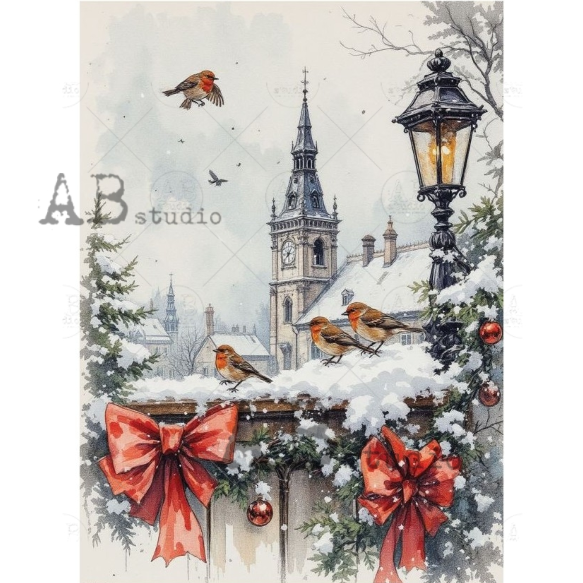 Winter scene with birds, bows, and a clock tower.