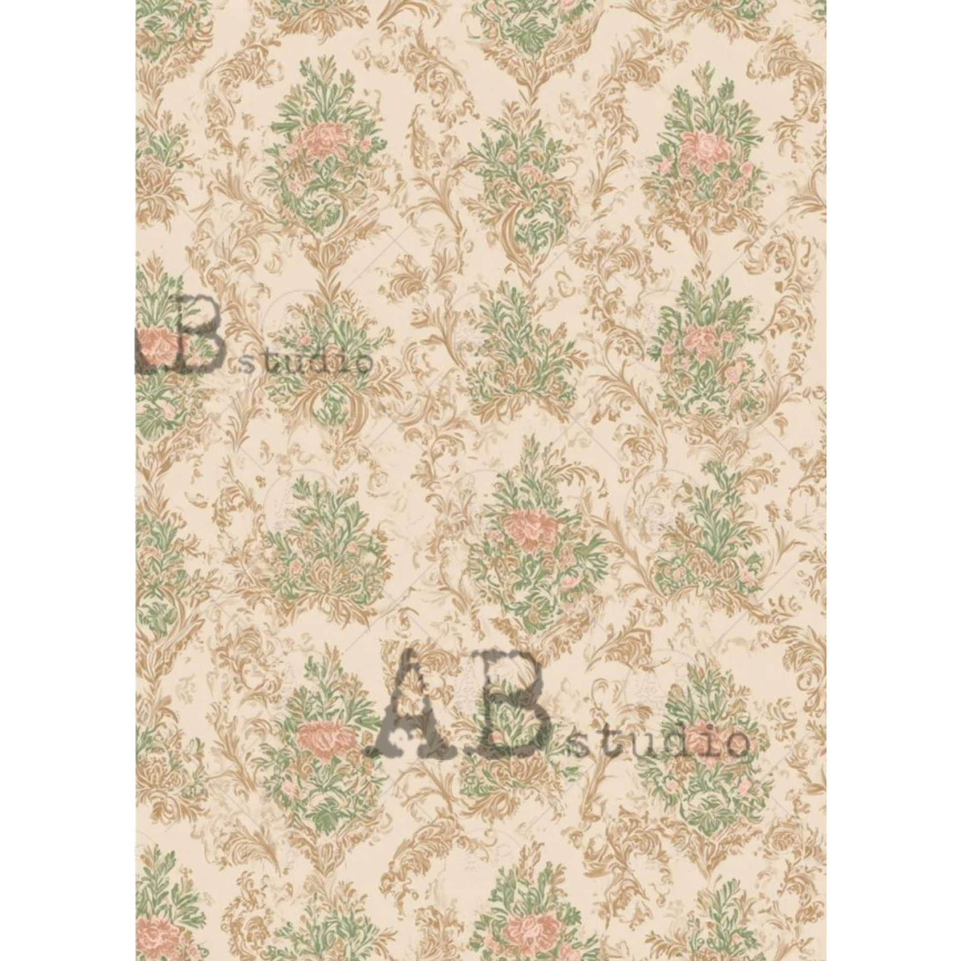Decorative paper damask floral pattern in pink, green & ivory.