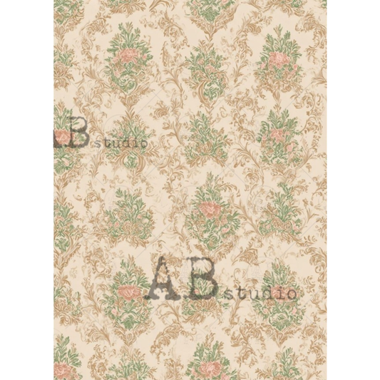 Decorative paper damask floral pattern in pink, green & ivory.