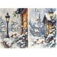 Two winter scenes with snow-covered houses, street lamps, and birds.