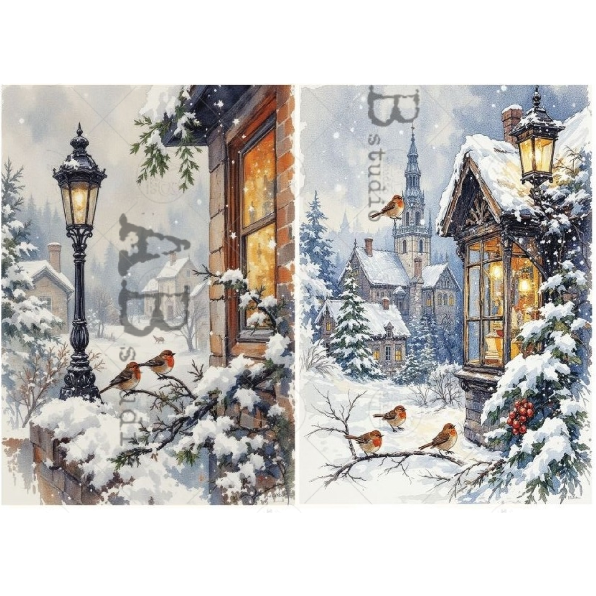 Two winter scenes with snow-covered houses, street lamps, and birds.