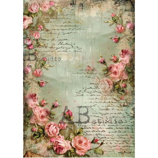 Vintage-style paper with pink roses and cursive text on a textured background.