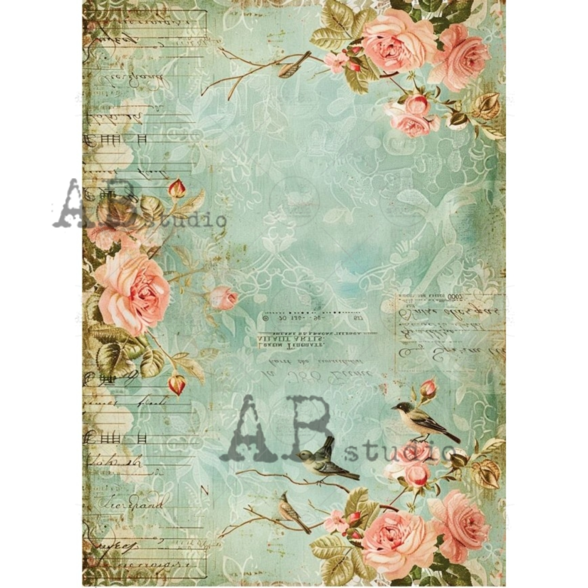 Decorative paper with floral designs, text, and birds on a teal background.