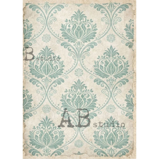 Decorative damask pattern with pale blue and beige.