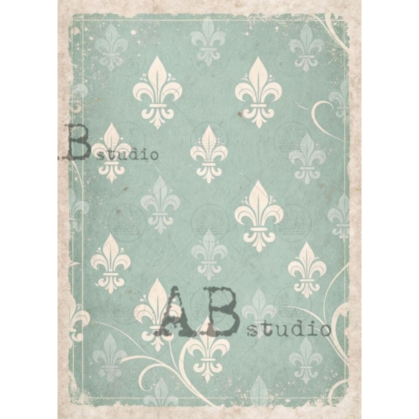 Decorative paper with fleur-de-lis pattern  on a light blue background.