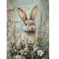Illustration of a rabbit surrounded by flowers on a textured background.