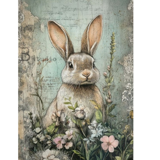 Illustration of a rabbit surrounded by flowers on a textured background.