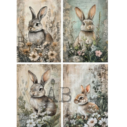 Four illustrations of rabbits in a natural setting with flowers and foliage.