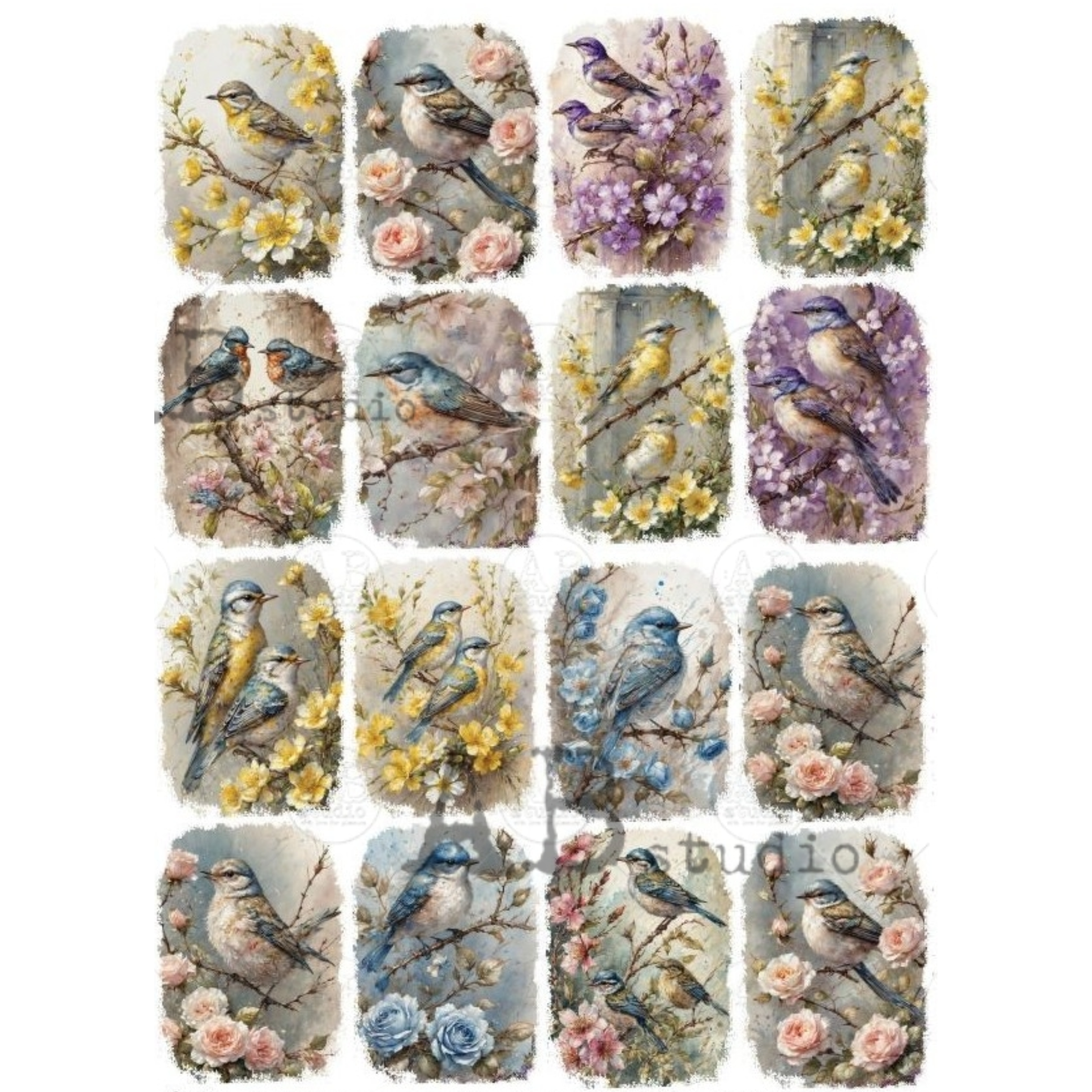Set of 16 decorative mini images with birds and flowers on a white background.
