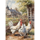 Image of chickens near a farm with a house and garden in the background.