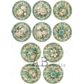 Nine decorative rounds featuring vintage floral designs in teal, cream, and beige tones.