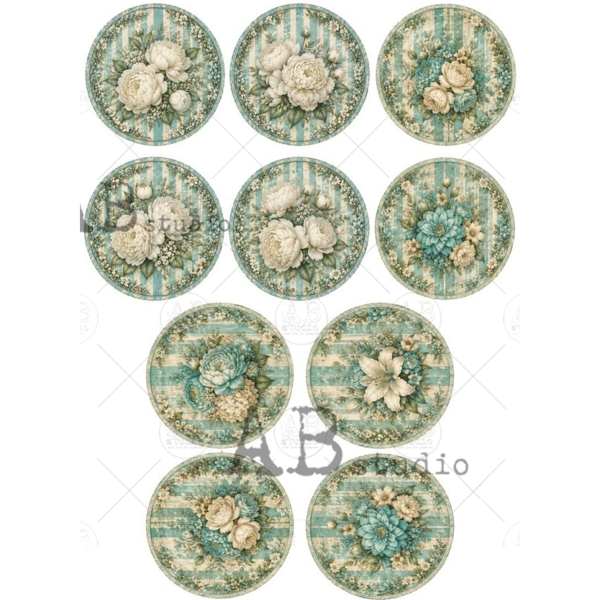 Nine decorative rounds featuring vintage floral designs in teal, cream, and beige tones.