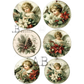 Six circular vintage-style Christmas illustrations featuring cherubs with wings, poinsettias, pinecones, evergreen branches, birds, and soft floral motifs. 