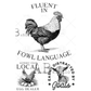 Vintage-style illustrations of a rooster with text about fowl language and local egg dealer.