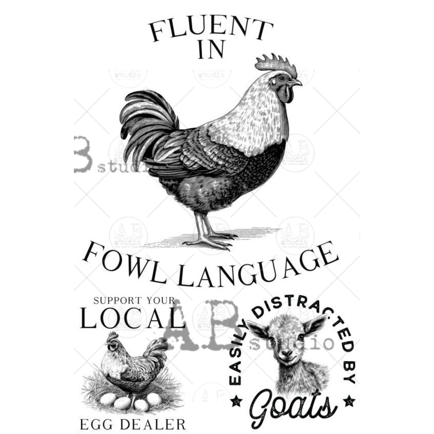 Vintage-style illustrations of a rooster with text about fowl language and local egg dealer.