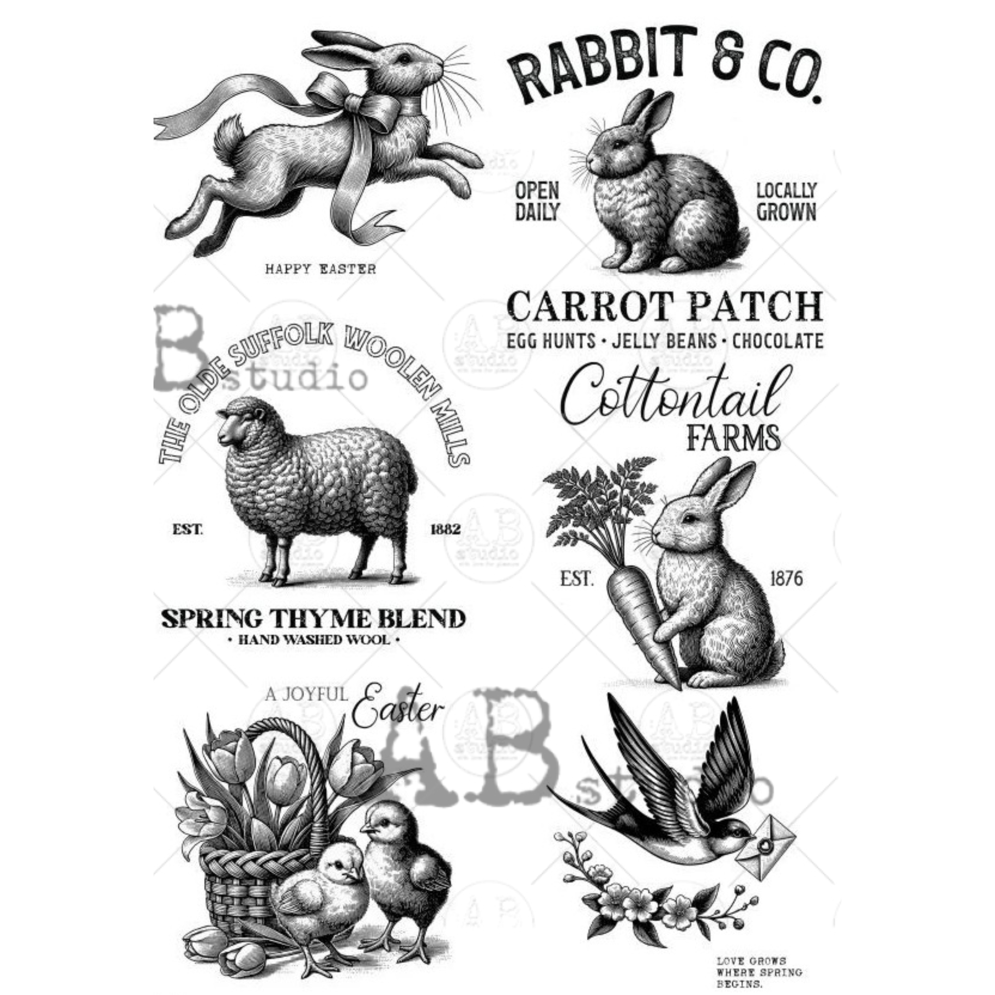 Vintage-style illustrations of a rabbit, sheep, and birds with text on a white background.