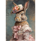 Portrait of a rabbit wearing a floral hat and pink dress.