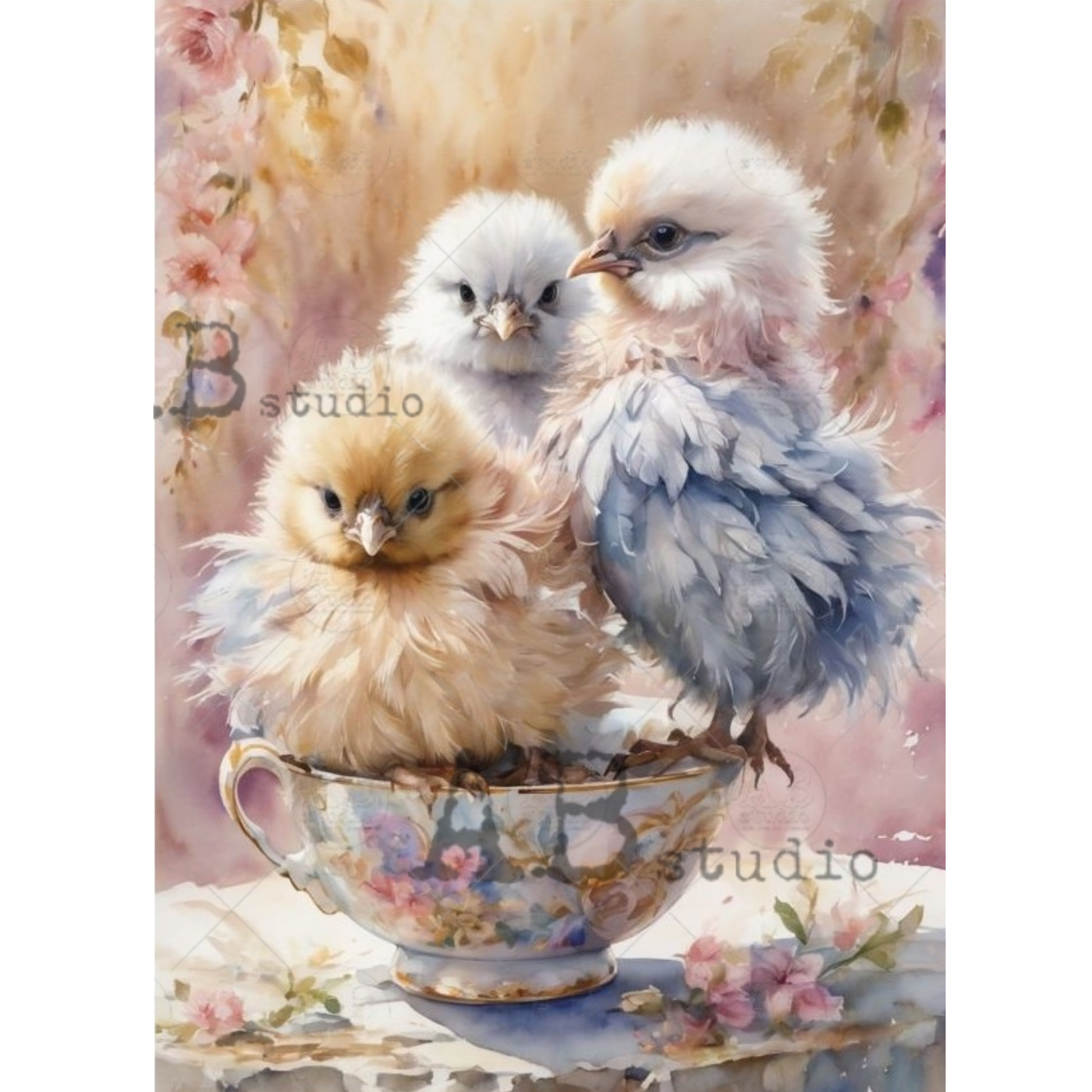 Three fluffy chicks in a decorative teacup with a soft, pastel background.