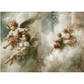 Two images depicting cherub angels floating among soft clouds, rendered in a classical oil painting style with muted beige, gray, brown, and white tones. 