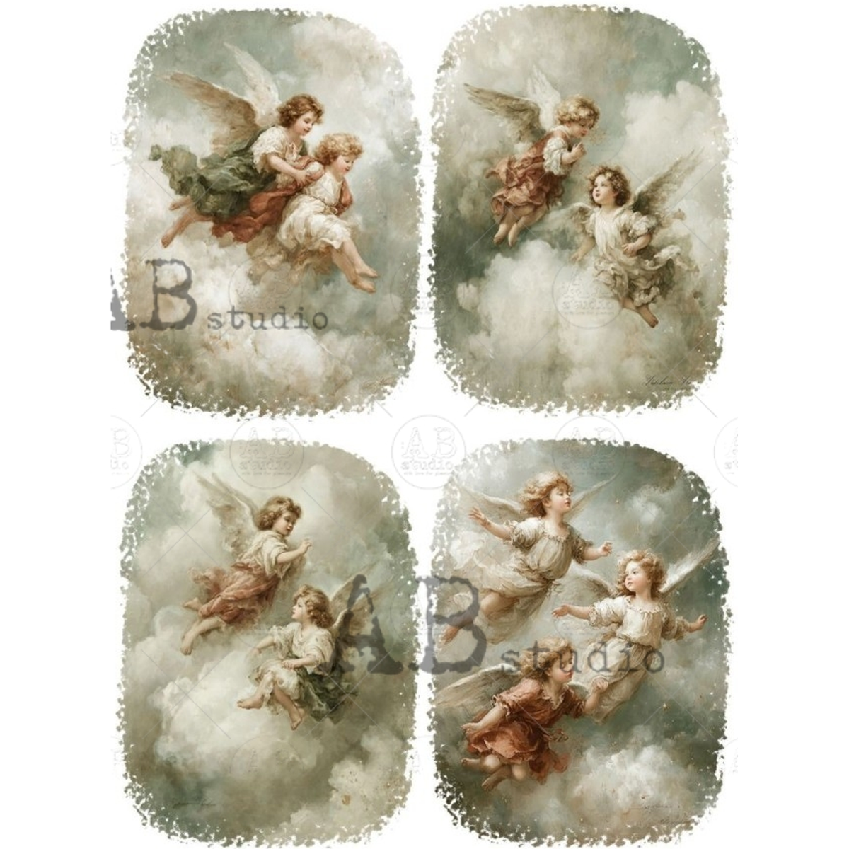 Four vintage-style angel illustrations each with a distressed border.