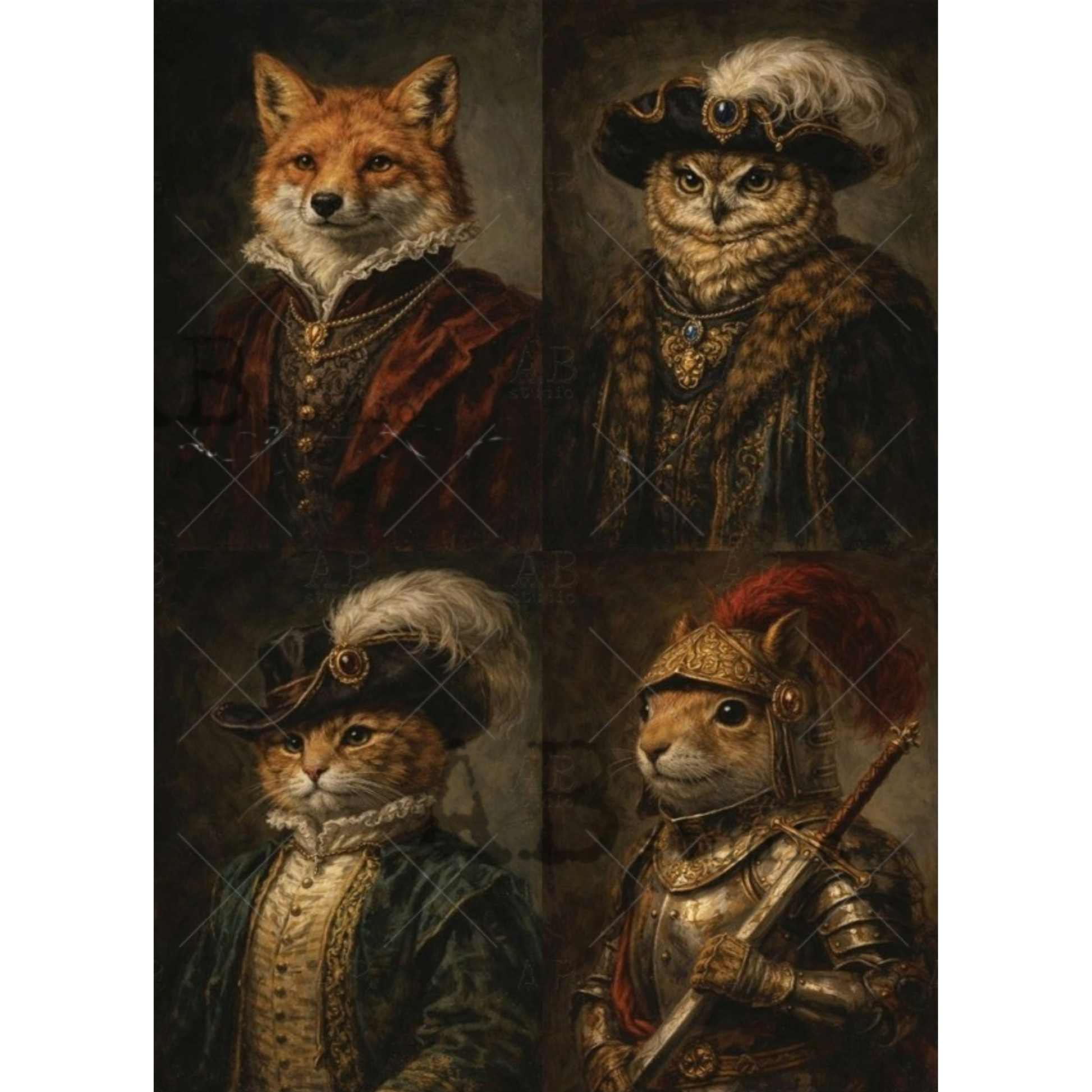 Four animal portraits in historical attire, including a fox, owl, cat, and mouse, on a dark background.