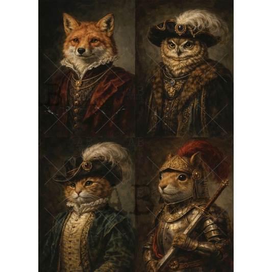 Four animal portraits in historical attire, including a fox, owl, cat, and mouse, on a dark background.