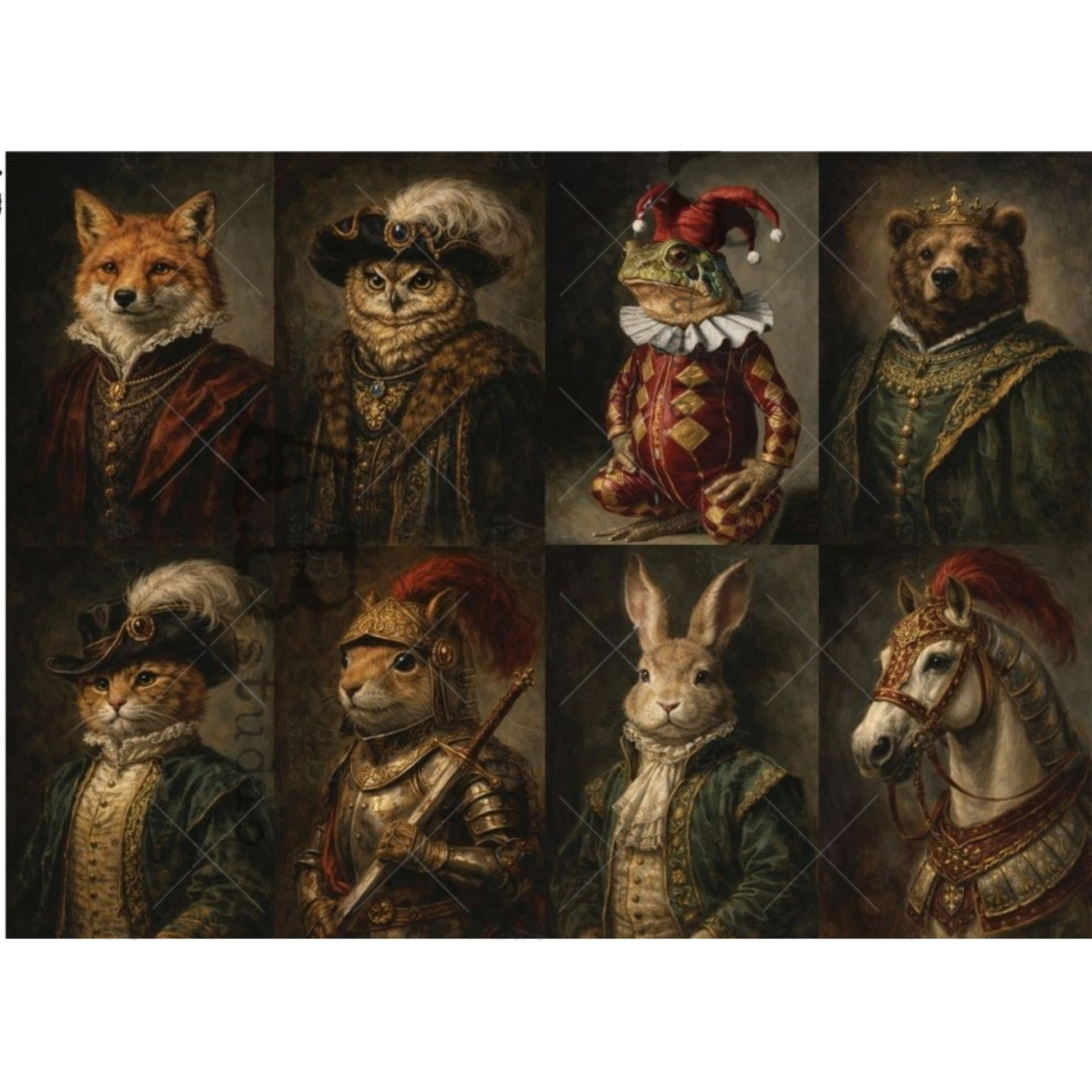 Collage of animals in historical attire on a dark background.