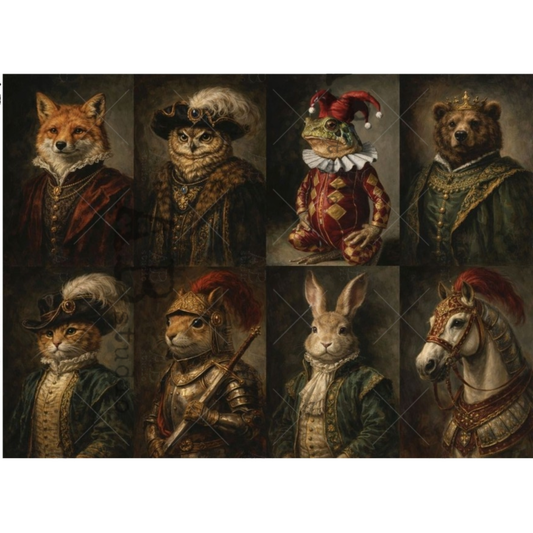 Collage of animals in historical attire on a dark background.
