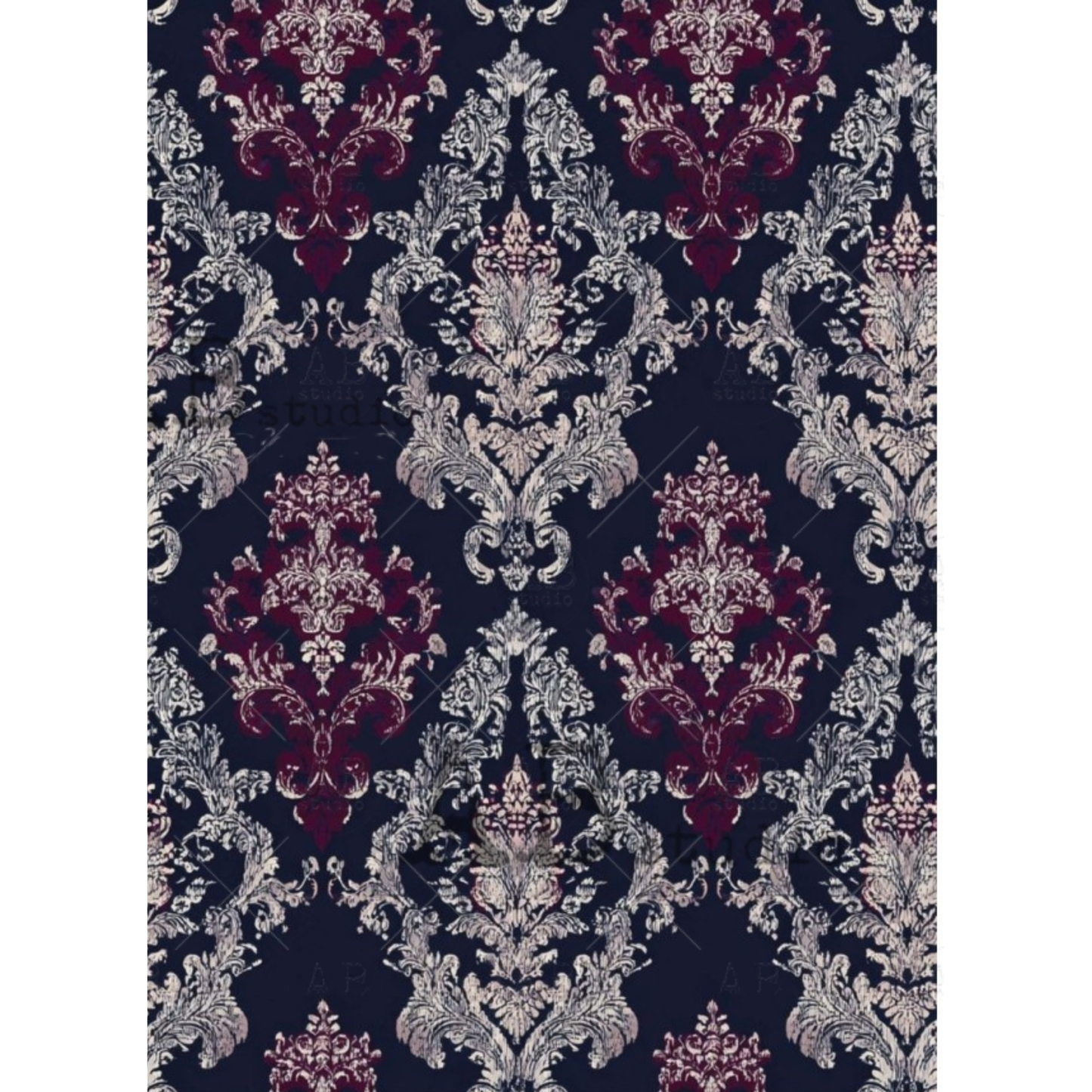 Patterned damask design in burgandy and white on a dark blue background.