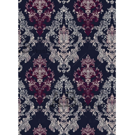 Patterned damask design in burgandy and white on a dark blue background.