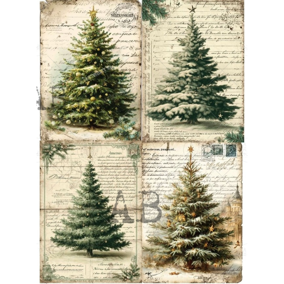 A vintage-style collage of four Christmas tree illustrations printed on  beige background with cursive handwriting, postage stamps, and rustic borders. The trees are green and snow-dusted, with small ornaments and stars.