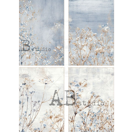 Four impresionist style floral designs on water background.