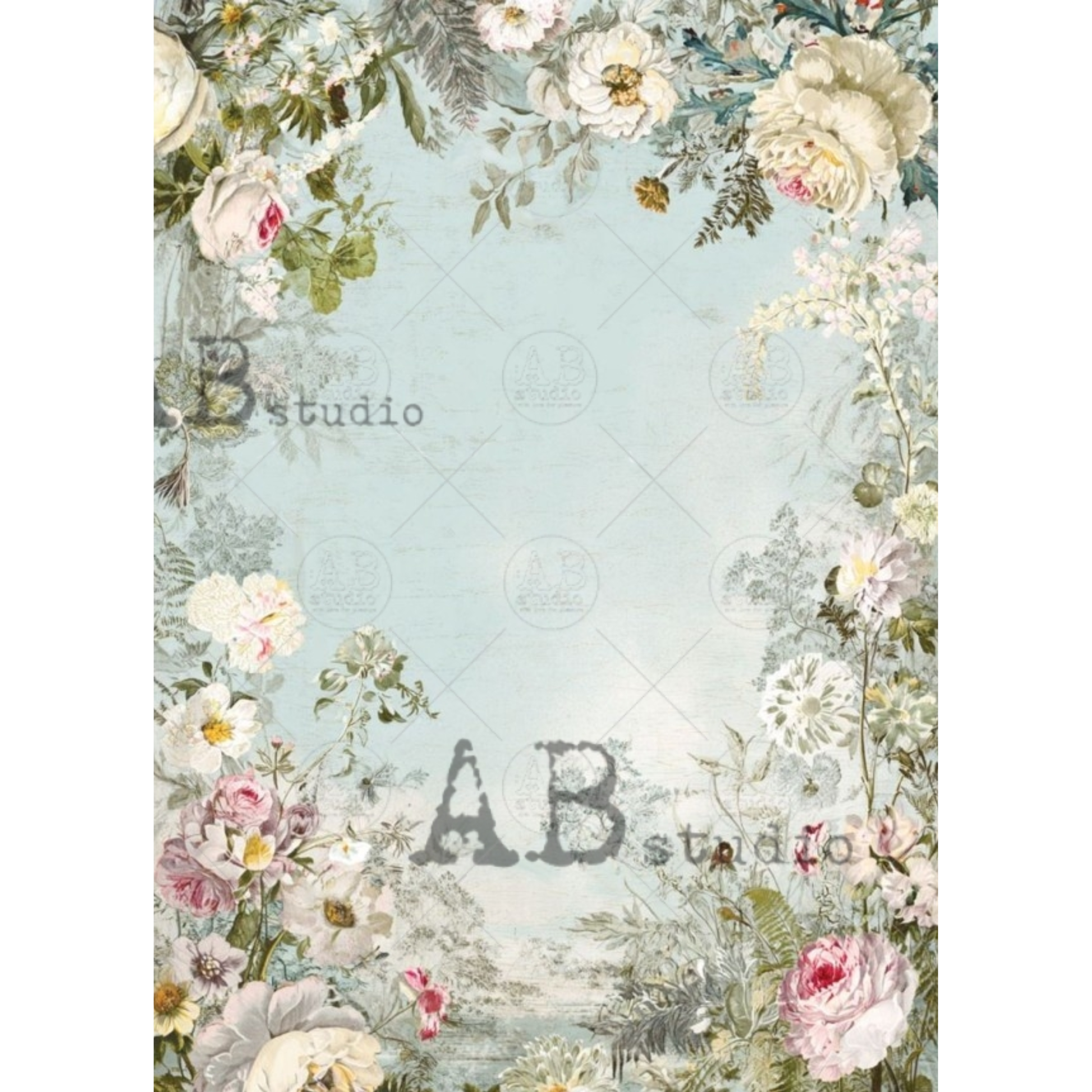 Blue sky and stream design surrounded by flowers.