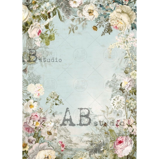 Blue sky and stream design surrounded by flowers.